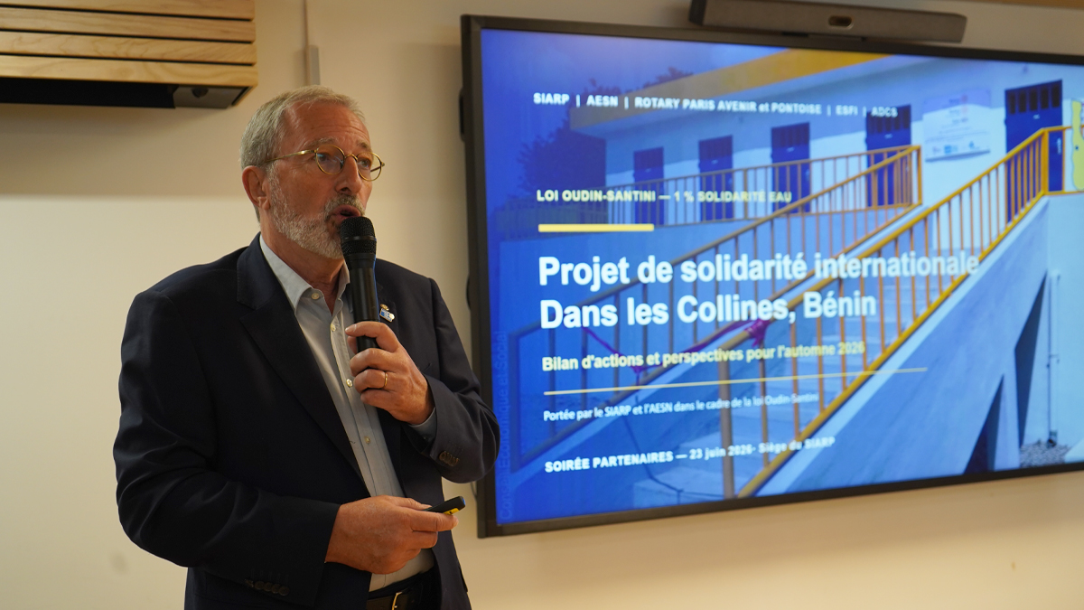 Présentation du projet de solidarité internationale dans les Collines, Bénin Bilan d'actions et perspectives pour l'automne 2026 Portée par le SIARP, l'AESN dans le cadre de la loi Oudin-Santini Soirée partenaires 23 juin 2026 - siège du SIARP SIARP, AESN, Rotary Paris Avenir et Pontoise, ADCS
