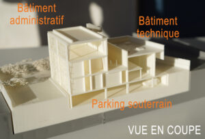 Vue en coupe • Bâtiment administratif • Bâtiment technique • Parking souterrain